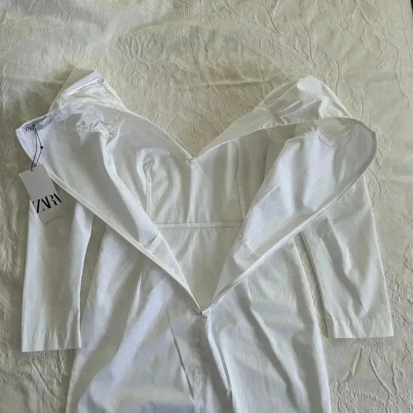 NWT Zara Poplin White Mini Dress Balloon Sleeves Zip Close Women’s Size Small - Picture 12 of 14